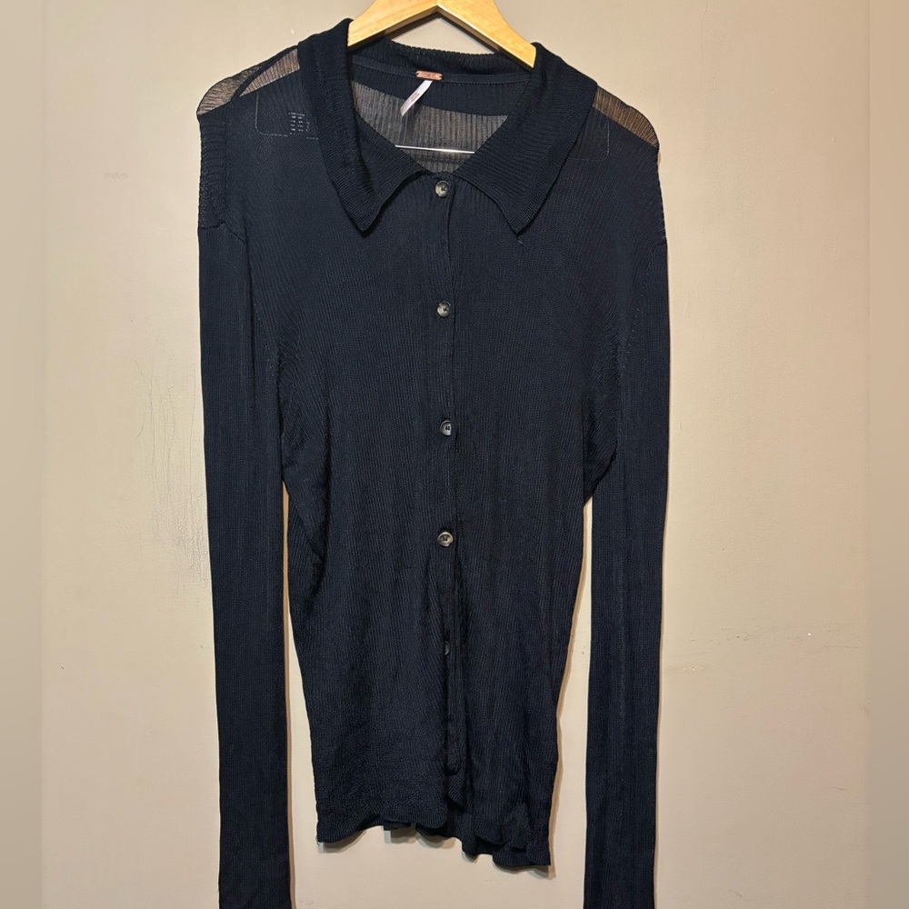FREE PEOPLE Mesh Gauzy Tunic Button Down Collared Top